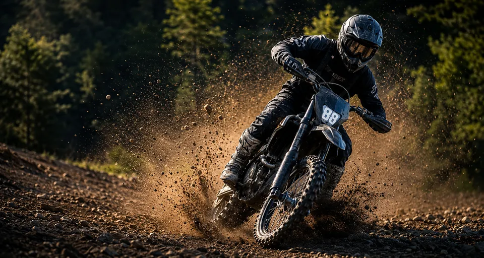 Enduro rider driving out of a rutted corner, roost spraying behind the rear wheel