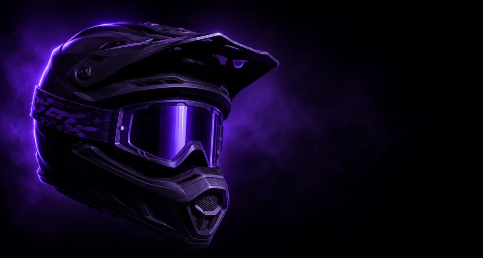 Off-road helmet and goggles lit in RideMind purple