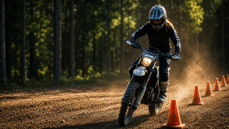 Rider working through a cone drill on a forest trail