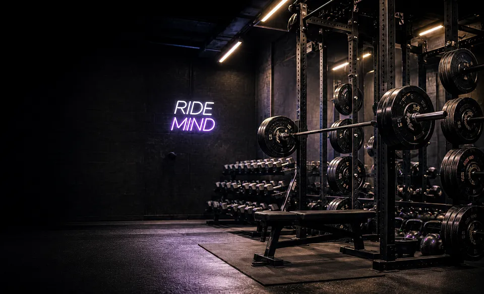 Training gym lit with a RideMind neon sign