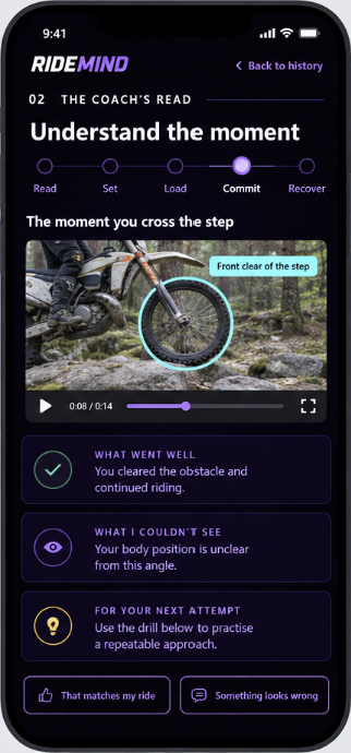 RideMind on a phone: the coach’s read of the key moment, what went well and what to change