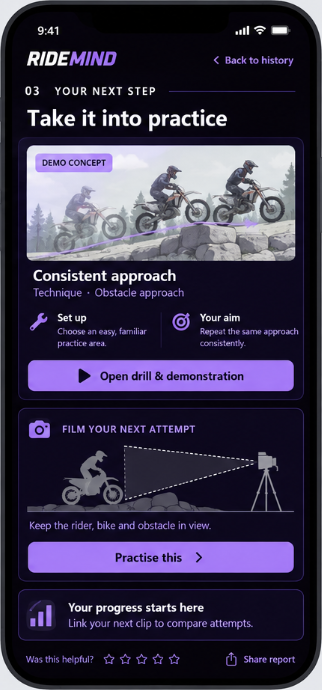 RideMind on a phone: the next step, the drill to practise and your progress